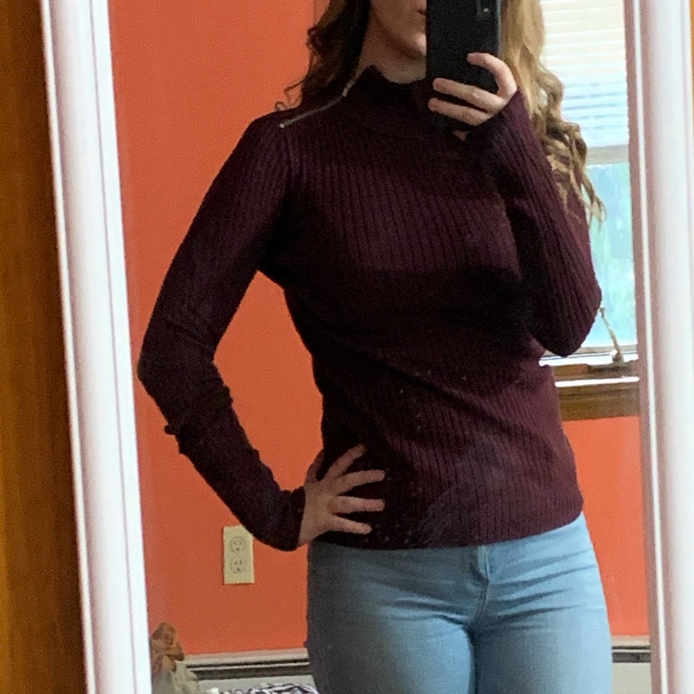 Express Maroon Turtleneck Double Zipper Top